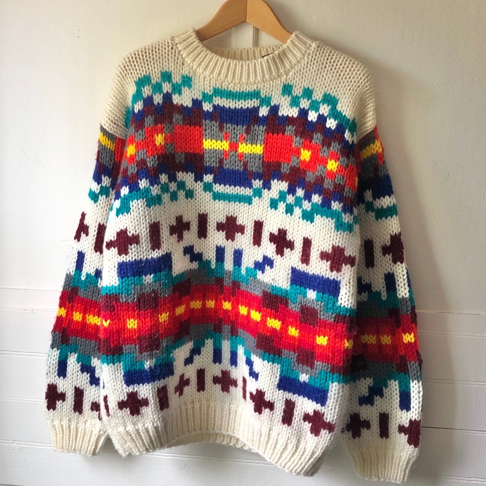 Vintage 80s Hand Knit Geometric Technicolor Multicolor Wool Blend Ski Sweater